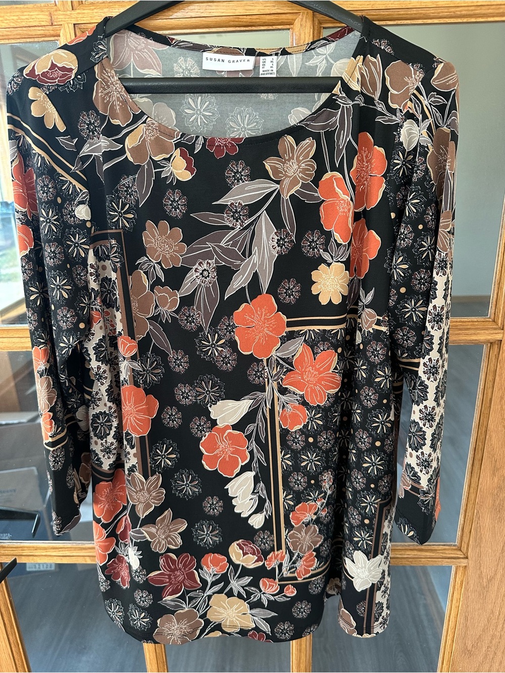 Susan Graver Floral Print Long-Sleeve Top - Black with Rust & Tan Flowers